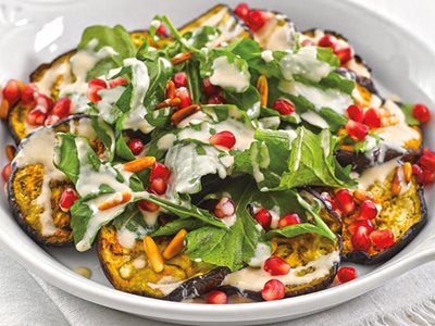 Flavors: Roasted Eggplants With Tahini and Pomegranate Molasses Dressing