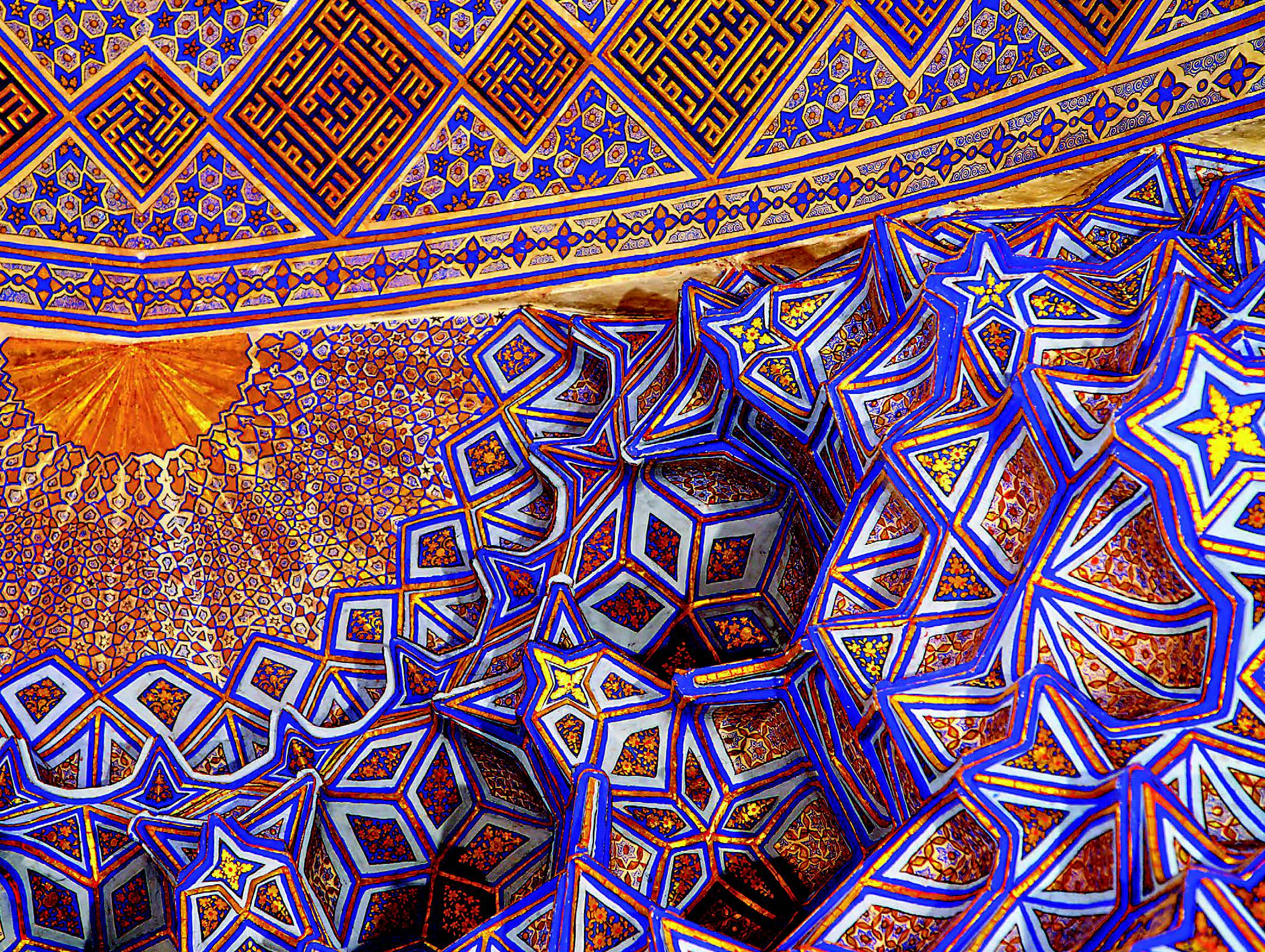 SAMARKAND, UZBEKISTAN: GUR-I-MIR Built as a madrasa in the late 1300s CE, this complex became the burial site of Amir Timur and many of his male successors. The interior decoration is brilliant to the point of overwhelming, particularly the muqarnas, which was made of pressed and molded paper painted in blue and gold and fastened to the surfaces with small iron nails. Over time, the paper hung in shreds until recent restoration.