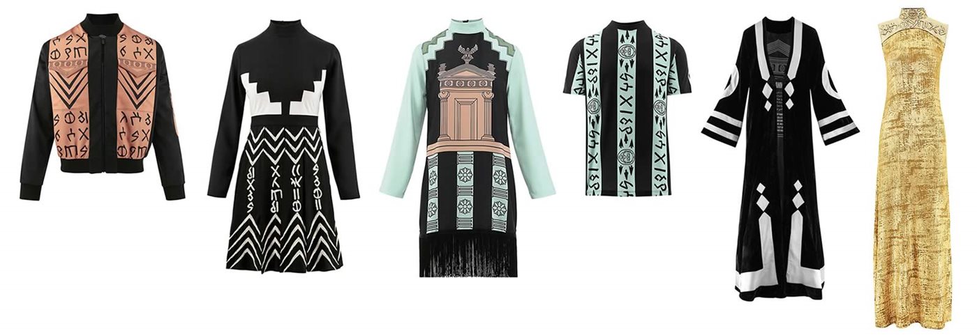 Left to right:  Black and Bronze Nabatean Script Paneled Bomber Jacket; Nabatean Stairs Black and White Beaded Layer Dress; Qasr Al Farid Architecture Shift Dress, which features a Nabatean facade from Mada’in Salih; Black and Blue Nabatean Script Striped T-shirt; Silk Velvet Black and Grey Chinois Robe; Nabatean Gold Brocade and Pleated Silk Evening Dress.
