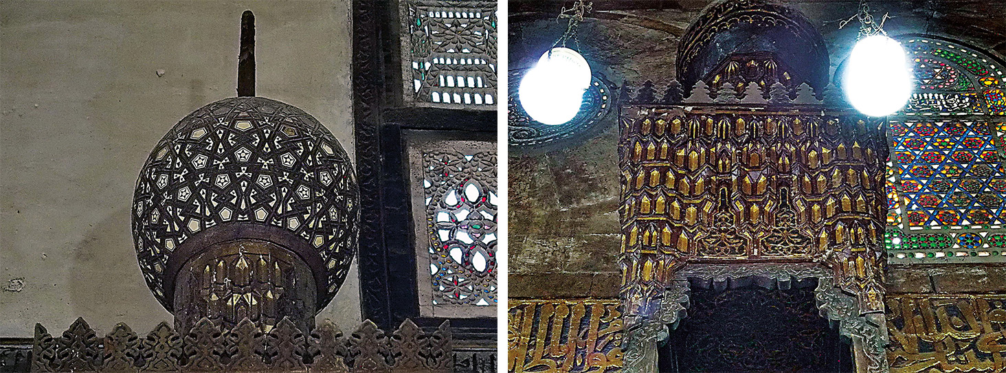 Every element of the minbars is ornamented. Many have at their top a crown-like globe, such as this at left from the Mosque-Madrasa of El-Ghuri, where the patterns are carved on the spherical surface.
At the top of the steps, the platform where the imam stands to speak is often covered with a cupola of stalactite-like muqarnas, such as this one right from the Mosque of Amir Qimas al-Ishaqi, built between 1479 and 1482.