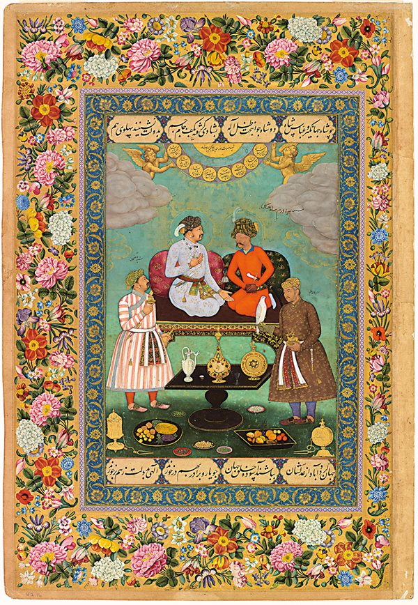 Painted around 1620, this Indian opaque watercolor with gold and ink on paper shows Mughal Emperor Jahangir meeting with Persian ruler Shah Abbas with two attendants. Every element in the painting communicates Jahangir’s power and opulence in the presence of his rival. Platters at the bottom of the scene are shown laden with fruits, including, at the left, apples, melon and grapes, all popular in Central Asia, and at the right, bananas, lemons, pineapple as well as Jahangir’s own favorite, mangos.