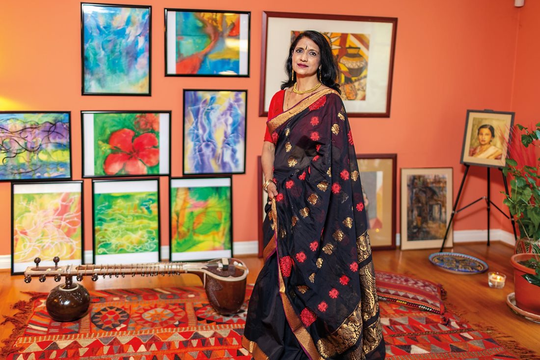 In 2015 Laila opened Sitar Niketan (abode of sitar), her music school at her home in Silver Spring, Maryland. “I was brought up in Bangladesh, where the culture is intertwined with the arts very deeply,” she says. Her paintings adorn each of her CD covers, too.