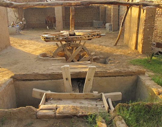 Belzoni’s original assignment in Egypt was to design an irrigation tool that would prove  more efficient than the traditional animal-drawn <i>saqiya</i> (waterwheel), shown here in a display near Luxor. Although his prototype appeared promising, mishap and suspicion kept it from production.