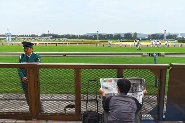 <p>Trackside viewing secured, an early bird reads a program while groundskeepers check the turf track of the world&rsquo;s largest horse racing stadium.</p>
