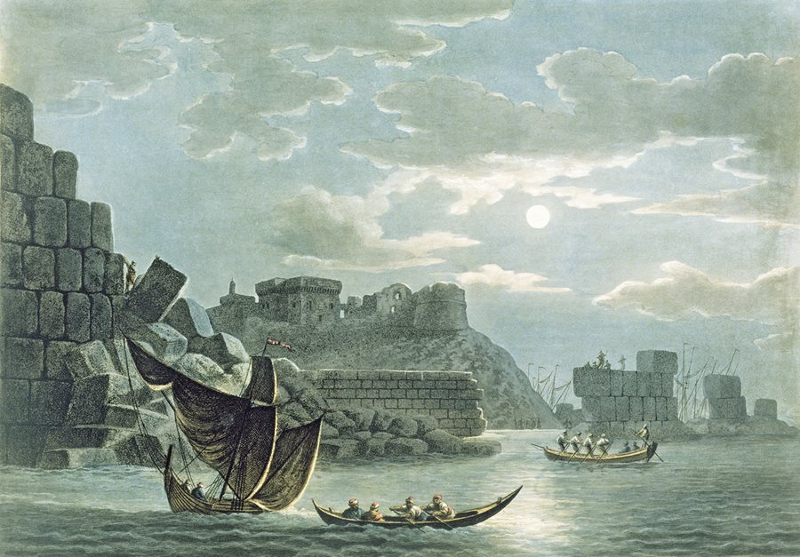 <p>Under Ottoman rule when this aquatint was produced in 1810, Arwad’s 12th-century Ayyubid castle lay largely abandoned, though commerce continued from the shore and harbor, visible in the background.</p>