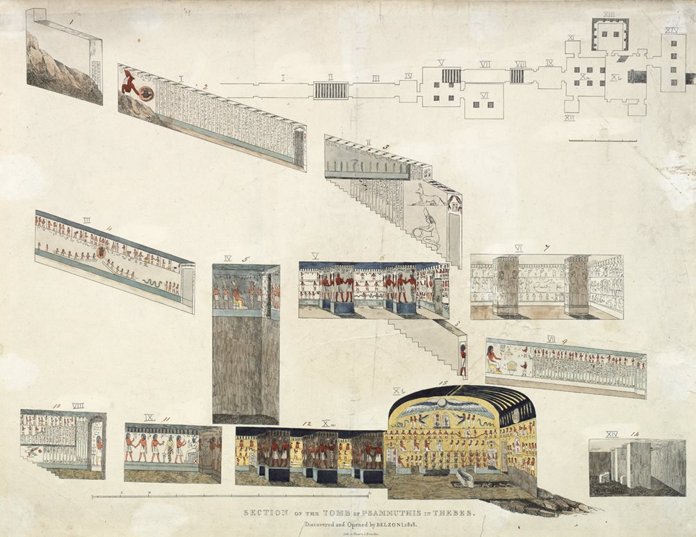 Among the tombs Belzoni discovered in what is now referred to as the Valley of the Kings at Thebes was that of the fourth-century <span class="smallcaps">bce</span> pharaoh Psammuthis. In 1818 he and his team took measurements and made detailed drawings of what they found—the kind of patient work that earned him the title of “proto-archeologist” from archeologist and Valley of the Kings specialist Don Ryan.
