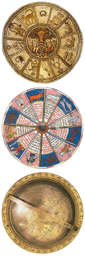 <p>From top: In Aleppo, Syria, a mosaic floor of a sixth-century synagogue shows the zodiac centered around a Hellenistic sun god; a 14th-century <span class="smallcaps">ce</span> miniature zodiac wheel from southern France; and the oldest known Islamic celestial globe, from the 13th century, which provided a 3-D model of the universe, complete with constellations, both of the zodiac and others.</p>
