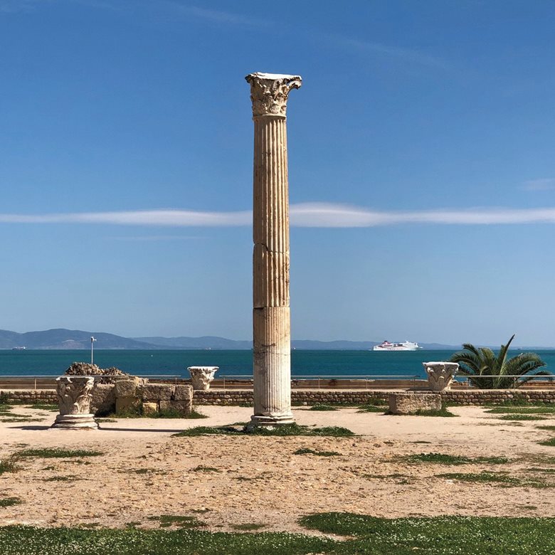 Kairouan rose in part to challenge Byzantine seaports such as Carthage where a column stands amid the ruins of what were once extensive seaside public baths.