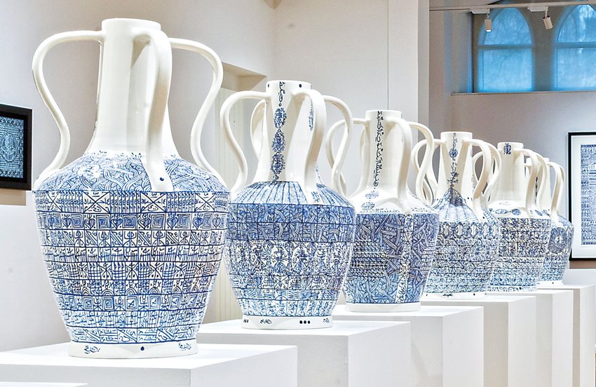 On show at London’s October Gallery last year, Tears That Taste of the Sea was made up of four major installations: above, ceramic vases, each half a meter tall, were shaped to resemble small “tear-gatherer” (lachrymatory) vases. Koraïchi made each with four handles, one for each hand of each parent of a person lost at sea.