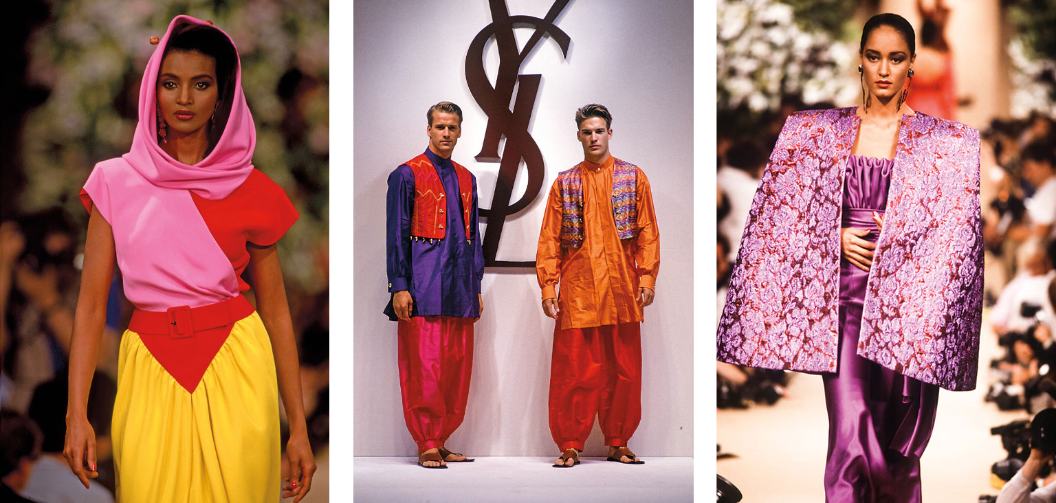 Left to right His uses of block colors, such as this trio of primary colors from 1987, was influenced in part by his admiration for modernist painter Piet Mondrian; Somali-born Iman Abdulmajid, shown here in 1984, was one of his favorite models; this turban and brocade coat were shown in 1962.