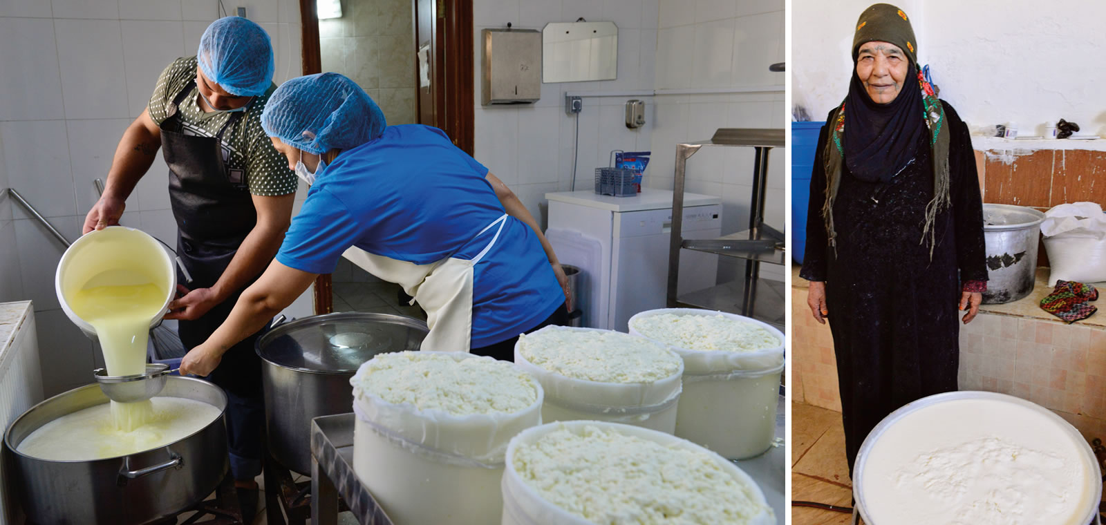 Left: Nisreen’s employees strain quraish, a curded cheese similar to ricotta. Right: In Madaba, outside of Amman, a Bedouin woman shows a similar process of making jameed cheese.