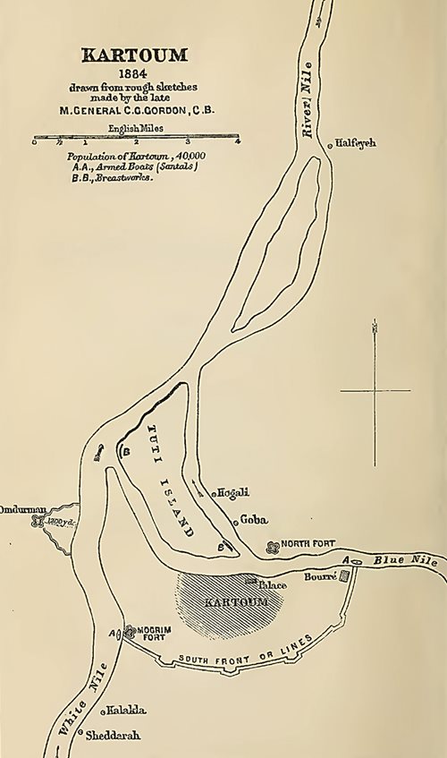 British General Charles Gordon, who lost his life in Omdurman in 1885 in a battle against Sudanese fighters, drew this map showing Khartoum and Omdurman with their defenses in 1884.