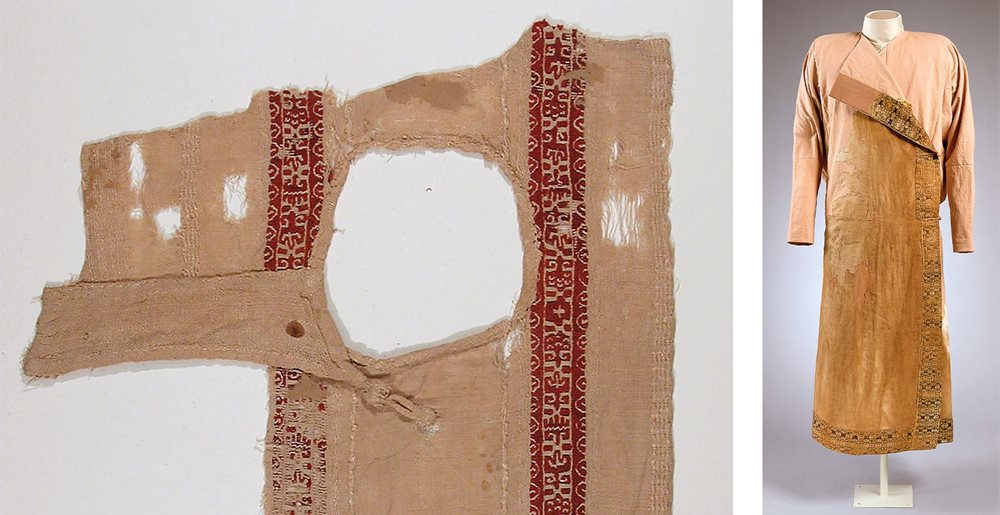 Though in fragments, this Egyptian tunic, dating to the fifth to eighth centuries <span class="smallcaps">ce</span>, <b>left</b>, shows a neck flap and a button used as a closure. <b>Right</b> An Alanic kaftan, from the Caucasus and made between the seventh and ninth centuries <span class="smallcaps">ce</span>, uses a similar type of single-button closure.