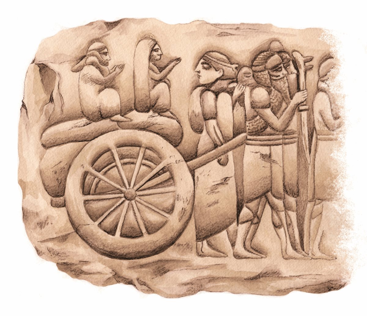 By about 3000 BCE, Sumerians in Mesopotamia (now Iraq) were making use of the wheel, and it was firmly established by the time this Assyrian relief showing a wagon carrying prisoners of war was carved at Nineveh, in northern Iraq, about 700 BCE.