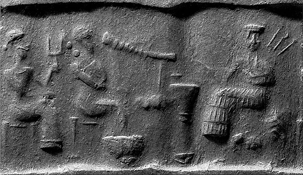 In an impression made from an Akkadian cylinder seal some 4,500 years old, two bearded men perform music for the Babylonian goddess Ishtar, who was known in Sumeria as Inanna. She sits enthroned upon a lion, the animal associated with her power. The imagery illustrates how hymns might have been performed. In Enheduanna’s “The Exaltation of Inanna,” the poet describes herself as having given birth to a song for the goddess, adding, “That which I recited to you at midnight, May the singer repeat to you at noon.”