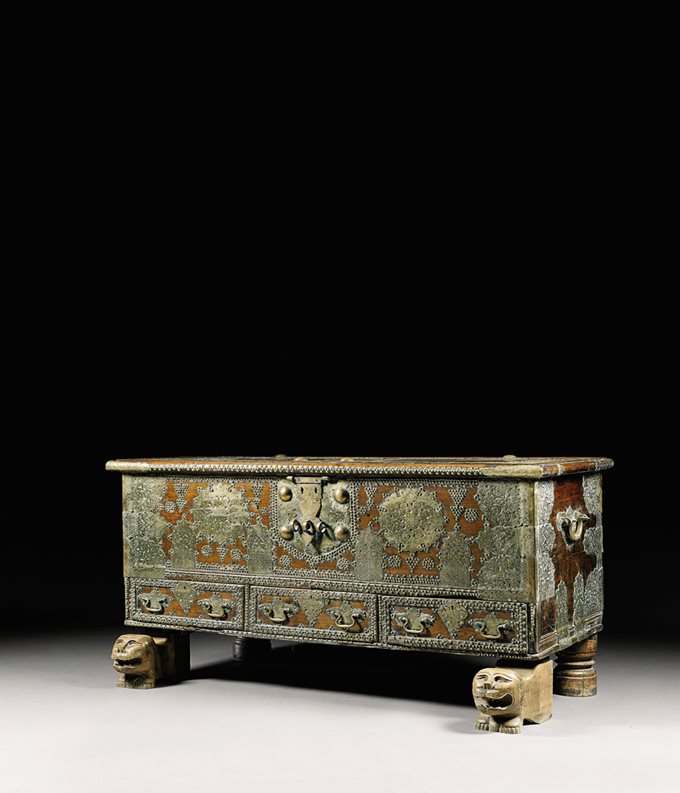 Made in India but referred to as a &ldquo;Shirazi&rdquo; chest due to its Persian-influenced style, this 18th-century hardwood chest with three drawers is extensively ornamented in finely tooled plate brass. Placing the chest on legs or a stand helped protect it against moisture and insects.
