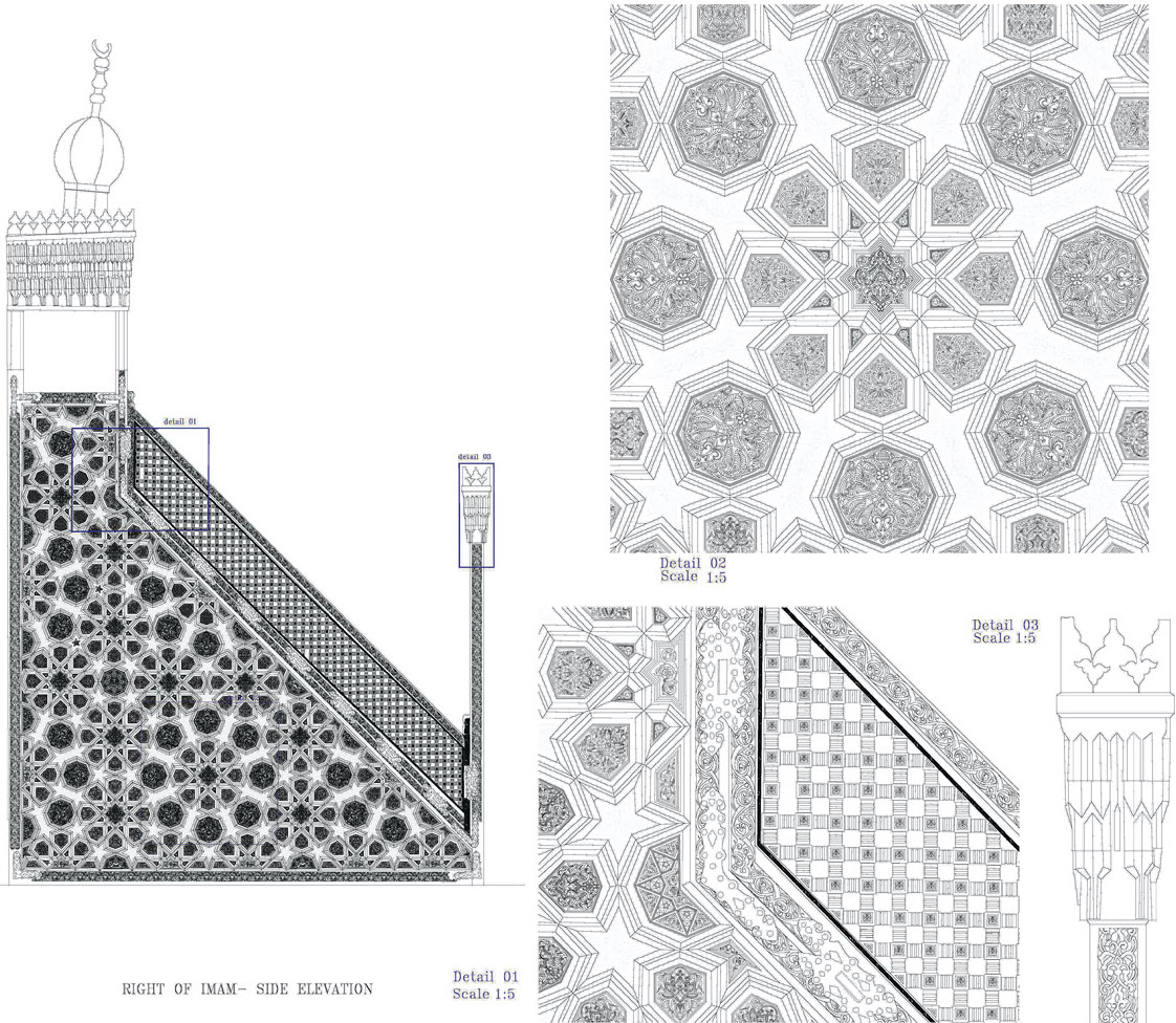 Architectural drawings of each minbar help the Egyptian Heritage Rescue Foundation and the Egyptian Ministry of Antiquities with restorations and conservation. These drawings show Cairo’s oldest Mamluk minbar, that of Sultan Hasan Al-Din Lajin, which was built in 1296 CE and stands more than eight meters tall. Some 190 pieces of it were looted in the 19th century, and they remain scattered across 12 museums and three private collections. The minbar was restored in 1913, a precedent and “right decision” that Omniya Abdel Barr, founder of the Rescuing the Mamluk Minbars of Cairo Project, says “somehow gives me hope.” Amid the minbar’s intricate strapwork, the octagons and eight-pointed stars are each carved with some of the finest examples of wood arabesque.