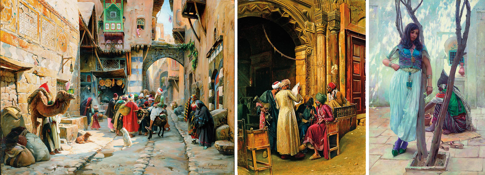 Around 1887 Gustav Bauernfeind, who had trained as an architect, painted himself into the center of a gathering crowd in “A Street Scene, Damascus.” 