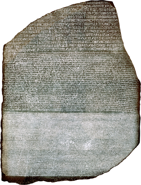 Discovered in the Nile Delta in the late 18th century near the town of Rosetta, &ldquo;The Rosetta Stone,&rdquo; above, is inscribed with a decree issued in the third century <span class="smallcaps">bce</span> by Egyptian ruler Ptolemy <span class="smallcaps">v</span>. It is written in three scripts: hieroglyphics appear at the top; Demotic in the middle; and Old Greek at the bottom. This allowed French Egyptologist and philologist Jean-François Champollion, depicted below left in an 1831 portrait, to correlate hieroglyphs with the same text in two known languages.
