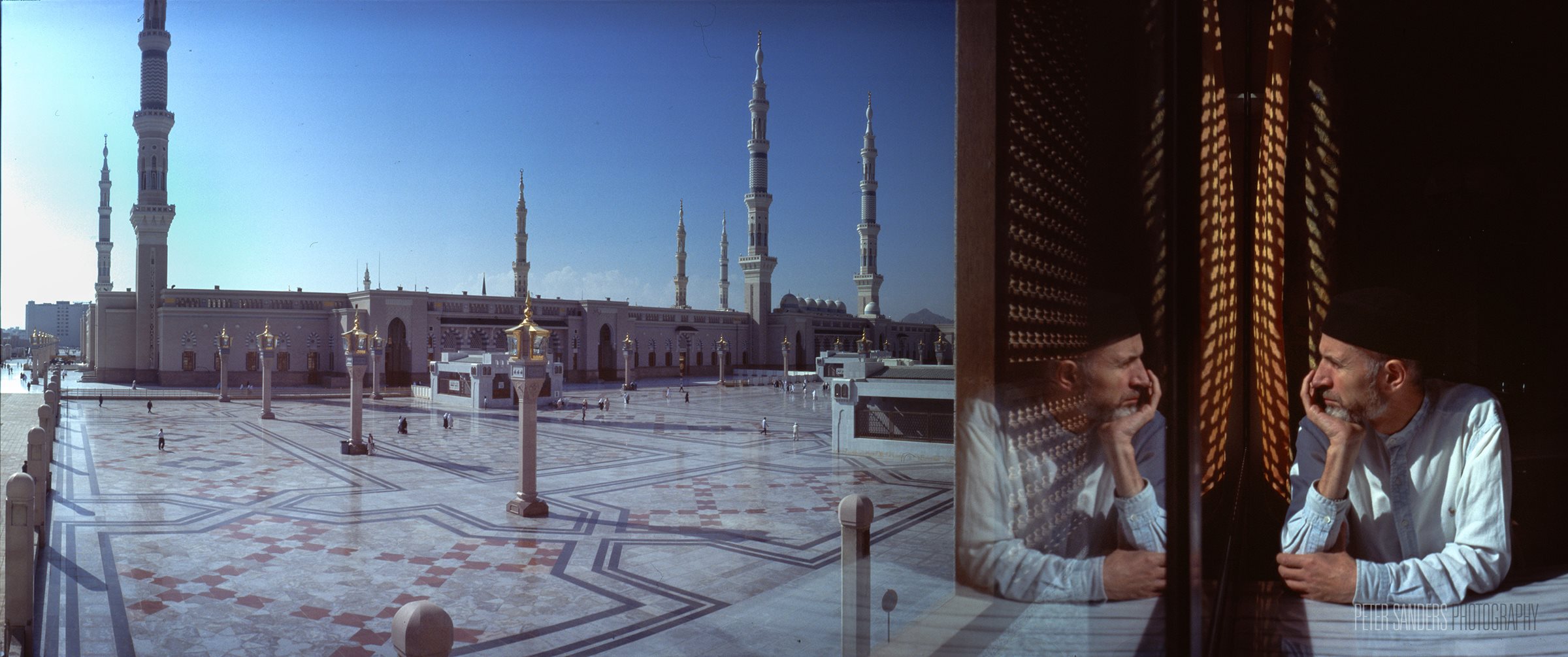Sanders gazes at the Prophet’s Mosque from a since-closed favorite tea shop in Madinah. The photo is by his friend John Gulliver. 