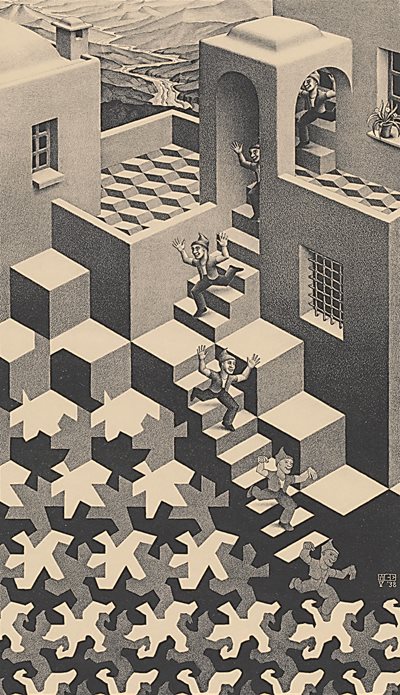 Another of Escher’s most well-known lithographs, “Cycle” (1938) left shows both three-dimensional perspective as well as transformational progression of geometrically based organic forms. “My subjects are often playful,” he wrote in 1964. “I can’t keep from fooling around with our irrefutable certainties.”