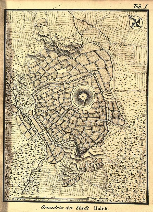 Niebuhr&#39;s bird&rsquo;s-eye view of Aleppo shows the walled city, with its citadel toward the eastern side, surrounded by residential, cultivated and grazing lands, as well as hills, rivers and roads.