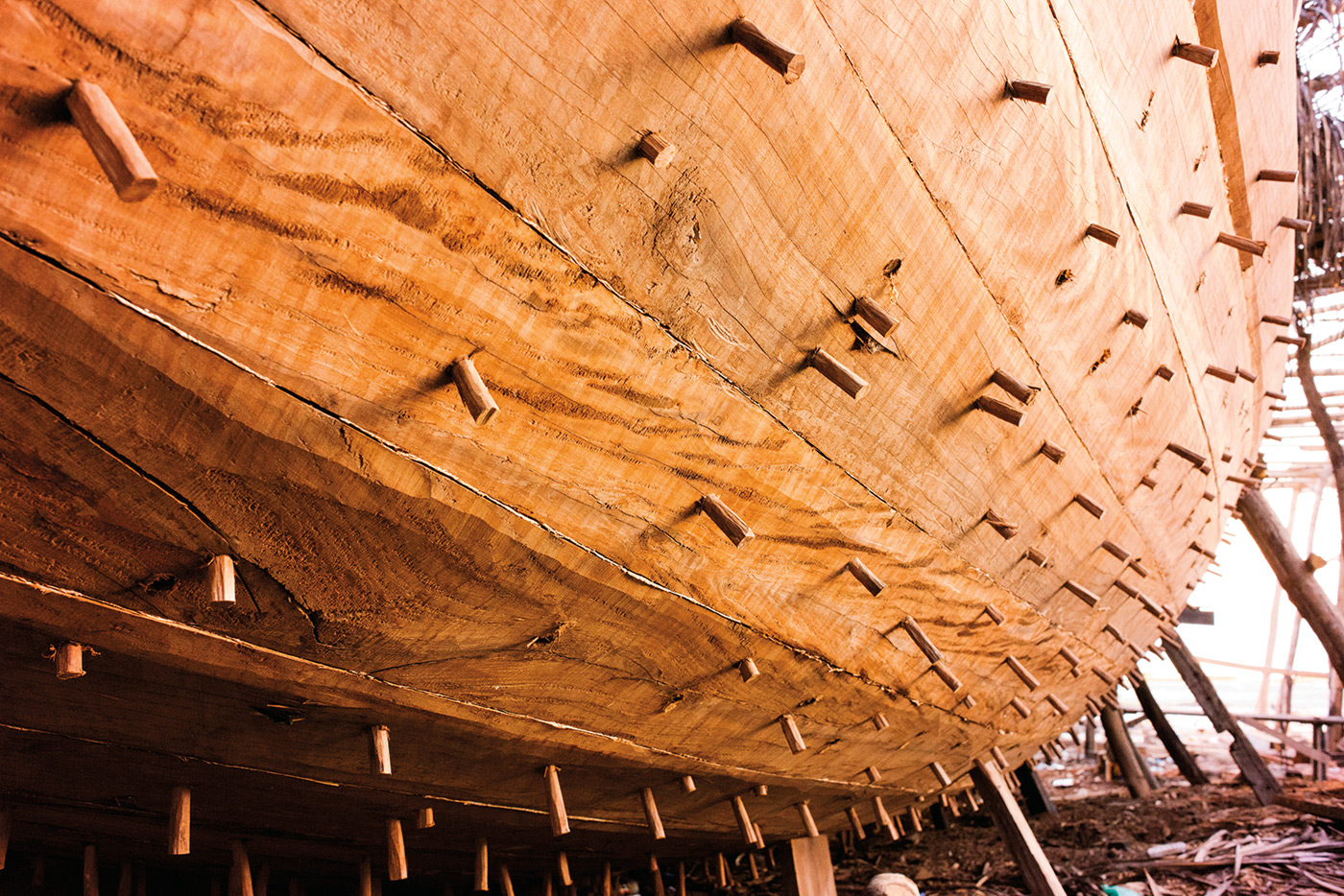 Timber dowels hold inner ribs to hull planks during construction.