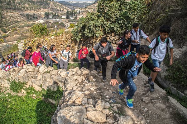 Local youth take a day hike along one of the many historic rural paths integrated into informal trail networks. This one leads to Battir, a few kilometers southwest of Jerusalem.