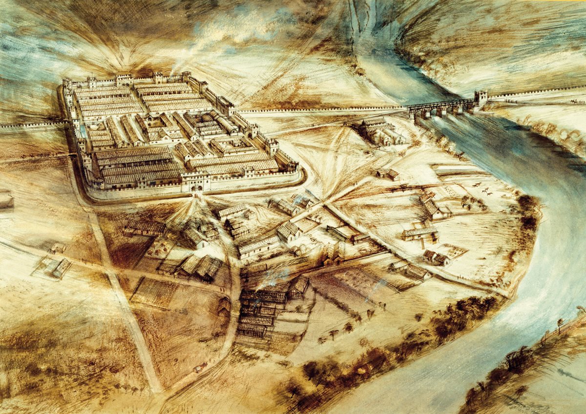 <p>In this artist’s conception of a Roman fort bestriding Hadrian’s Wall along the River Tyne, fields and granaries outside the garrison hint at how Romans and locals may have mixed.</p>