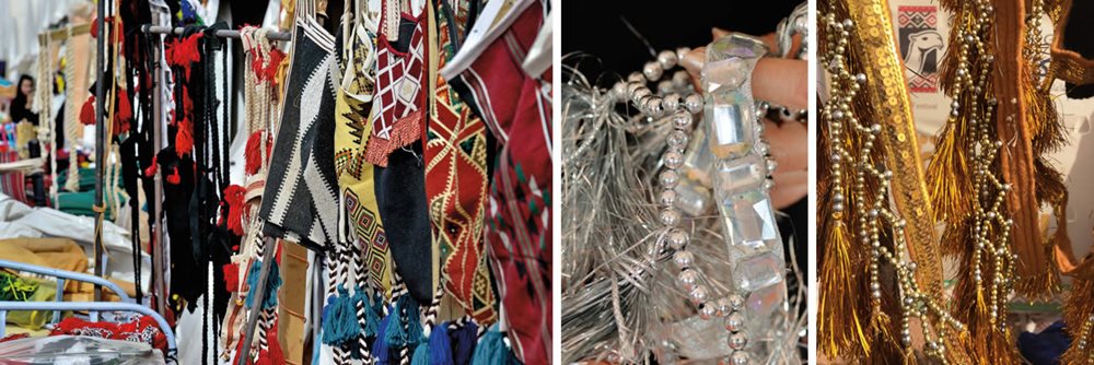 From saddlebags hand-woven in traditional patterns to tinsel-tassel costume-crystal necklaces&mdash;camel-sized&mdash;vendors at the roadside Suq al-Dahna also offer riding crops, straps, cinch belts, blankets, neck bells, foot bells and, <i>above</i>, plastic flowers to add flair to any pretty nose.