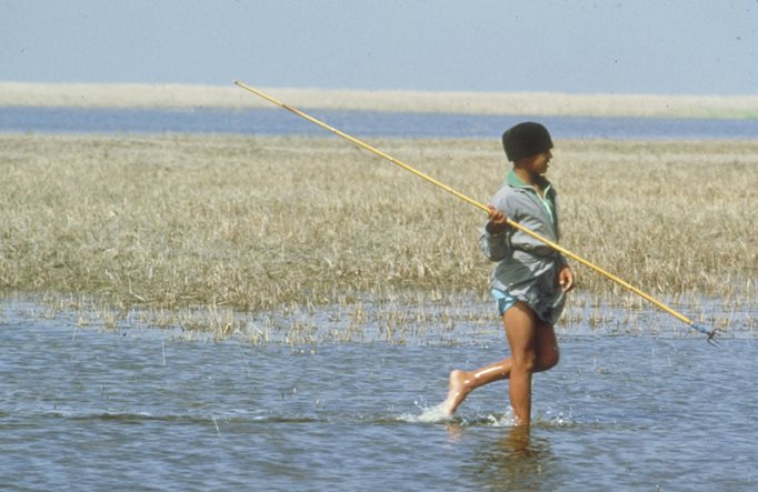 A boy fishes with trident.