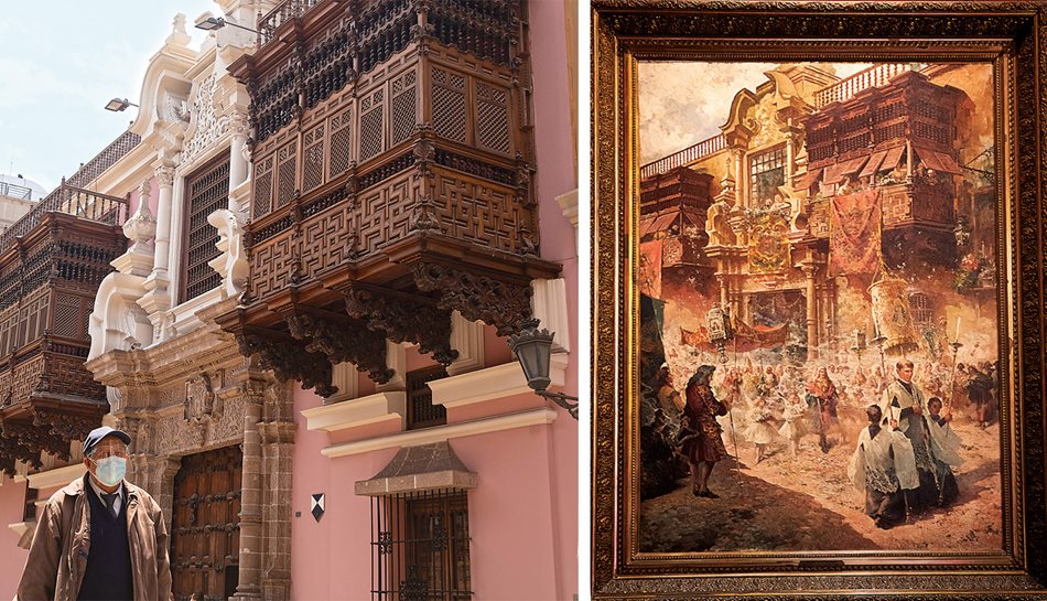 In the historic district, wooden mashrabiya screens appear also on balconies flanking the baroque portal of the Palace of Torre Tagle, which dates to the early 18th century and is now the headquarters of the Foreign Ministry of Peru. In 1910 Peruvian painter Teófilo Castillo Guas selected the palace’s facade as an emblematic backdrop for his nostalgic depiction of a colonial-era procession, 