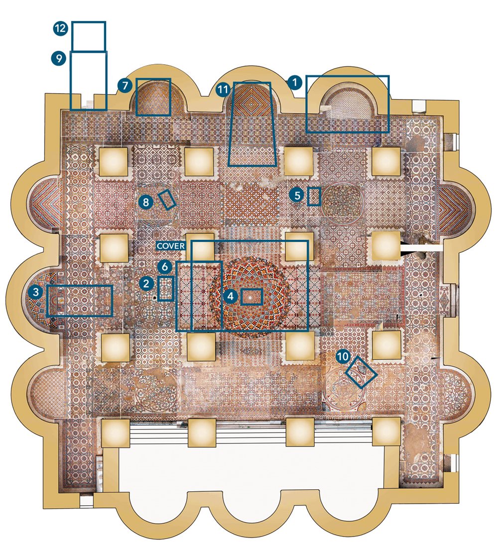 <p>This composite floor plan offers a visual guide to the largest preserved mosaic floor from the ancient world: The early eighth-century mosaics of the audience hall at Khirbat al-Mafjar near Jericho, Palestine. Beginning with number 1 for January, each numbered box shows the location of the photograph for its corresponding Gregorian month.</p>
