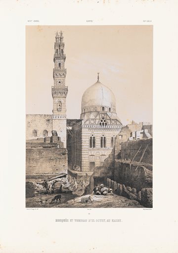<p>Coming to Egypt two years after Vernet and Goupil-Fesquet, Joseph-Philibert Girault de Prangey spent several years making more than 800 daguerreotypes of monuments throughout the eastern Mediterranean. Some, such as his view of the Sultan Qansuh al-Ghuri <em>madrassah</em> and mosque in Cairo, <em>above,</em> were published as lithographs; many of his other plates, however, lay forgotten until the 1920s and became publicly known only recently, including a daguerreotype of the pillars of the mortuary temple of Seti <em>below</em>.</p>
