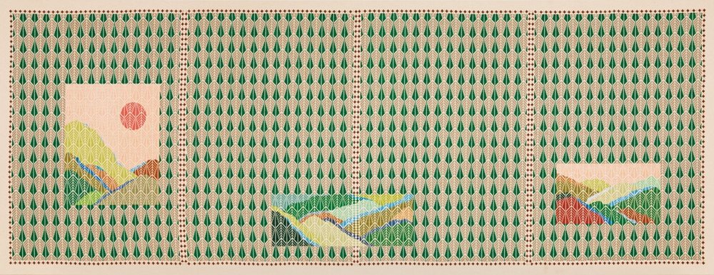 Jordan Nassar, “A Stream Is Singing Under The Youthful Grass”, hand-embroidered cotton on cotton, 105 x 274 cm.