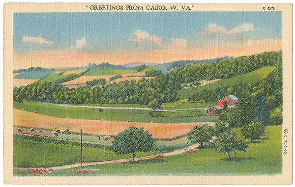 In the 1940s, colorfully pastoral images such as this scene made popular postcards. On the back of this one, the sender noted, “The folks here just rec’d a telegram that their son in the army … will be home on a short furlough.”