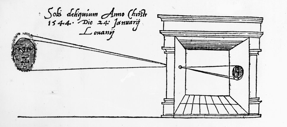 This diagram of a partial solar eclipse, drawn in 1544 by Dutch mathematician Gemma Frisius, is the first illustration of a camera obscura printed in Europe, more than 500 years after Ibn al-Haytham used such a test to understand that light indeed travels in the straight lines he had hypothesized. Note that the eclipse appears upside down on the wall.