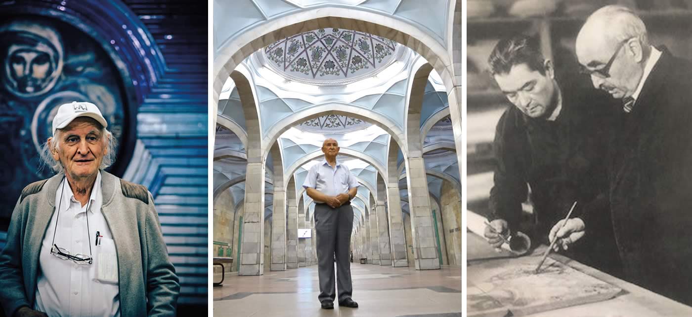 Internationally acclaimed architect Sergo Sutyagin, 84, left, stands in Kosmonavtlar station, which he designed nearly four decades ago. Historian and Distinguished Writer of Uzbekistan Muhammad Ali, middle, stands at the center of the platform of Alisher Navoiy station, in which ornamented vaults with floral patterns make it, with Kosmonavtlar, one of the most popular stations for tourists. Right: Sculptor Ahmet Shaymuradov and artist Chingiz Akhmarov discuss one of the sketches that would become a panel at Alisher Navoiy station.