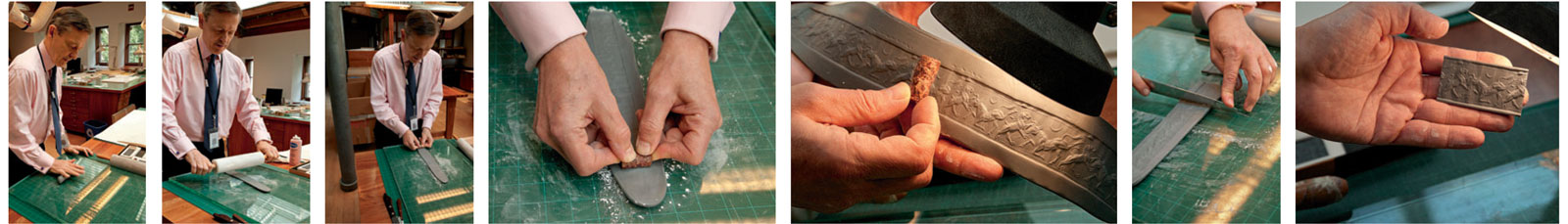 How to leave good impressions, Mesopotamian style: Sidney Babcock starts by kneading the clay and removing any air bubbles before using a marble roller to make a strip of even width and thickness. A sprinkle of silica powder acts like flour on baking dough—it prevents the clay from sticking to the seal. With the seal held between his forefingers, he now uses his thumbs to apply strong, even pressure as he rolls the seal down the clay. The intaglio or “negative” carving produces the image on the clay in a “positive” relief that can then be trimmed.