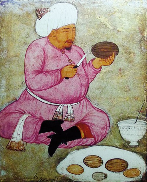 <p>Painted in the late 16th century by an unknown artist, Abdullah Khan Uzbek <span class="smallcaps">ii</span>, penultimate Shaybanid Khan of Bukhara, is shown slicing melons in his home.</p>
