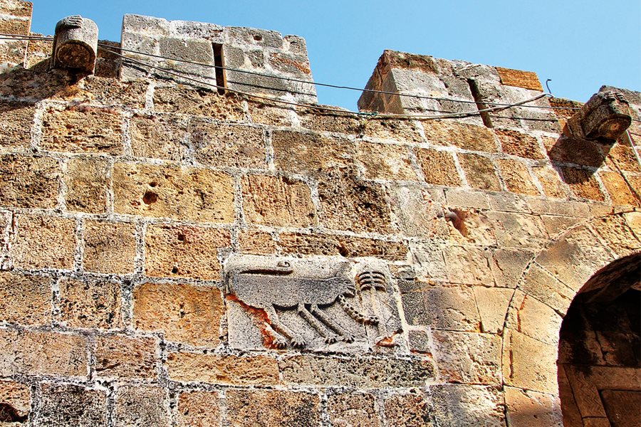<p>Literally depicting their attachment to the Eastern Mediterranean, Crusaders mortared this relief plaque of a lion chained to a palm tree onto the wall alongside the gate to Arwad’s citadel.</p>