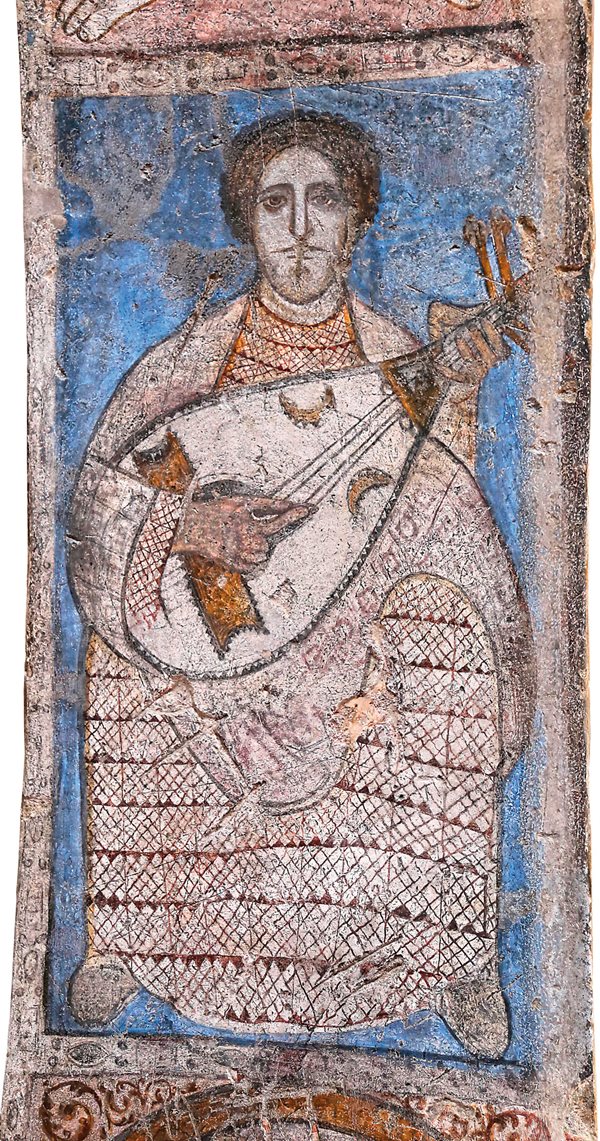 Appearing on a fresco painted around the middle of the eighth century at Qusayr ‘Amra in Jordan, an ‘ud player plucks a four-stringed instrument: A fifth string was not added to the ‘ud until the ninth century.