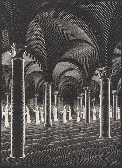 Escher began his experiments with repeatable patterns as early as 1920, above, and he produced his print “Eight Heads” below shortly before his trip to Spain in 1922