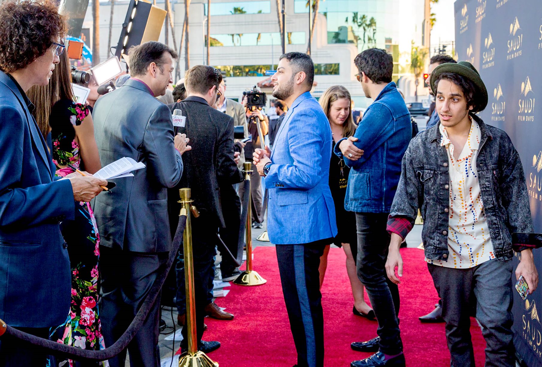 On the red carpet at Hollywood&rsquo;s Paramount Pictures, 21-year-old Meshal Aljaser steps up for questions about his film as, behind him, fellow directors Bader Al Homoud and Ali Alkalthami talk to the press.