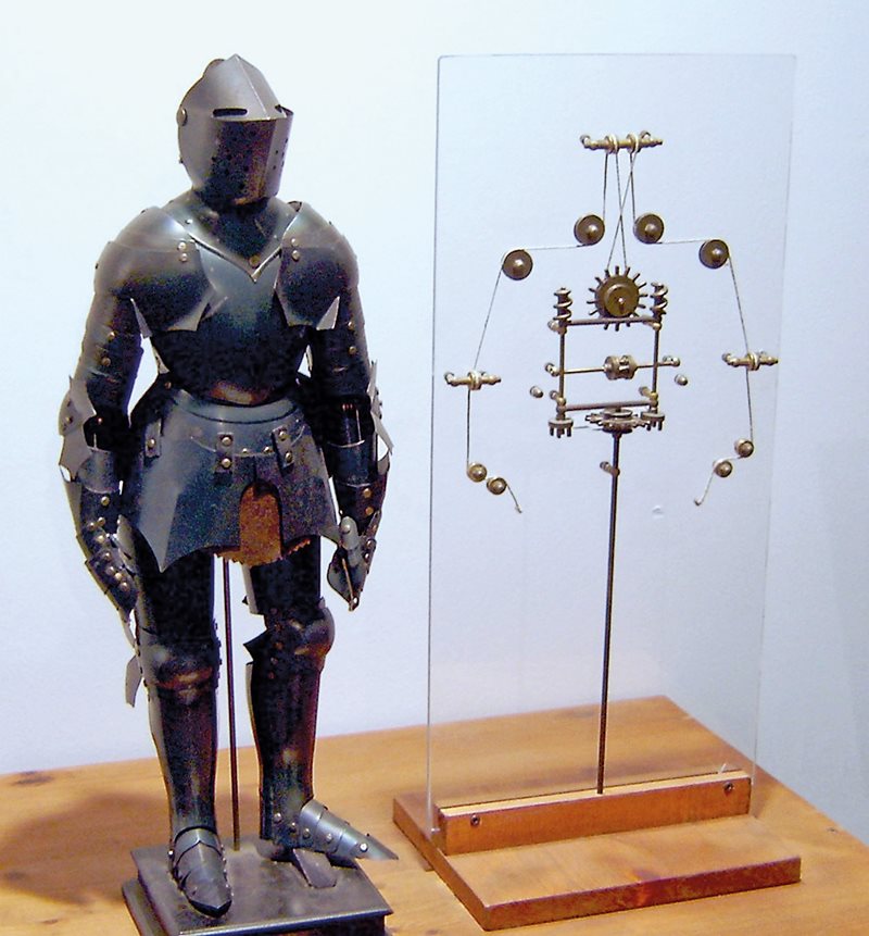 Roboticist Mark Rosheim reconstructed Leonardo da Vinci's robotic knight, here shown on display in Berlin. Rosheim used fragments of sketches in da Vinci's Codex Atlanticus. Through sophisticated arrangements of pulleys and cables, the robot-like "knight" was designed to sit, stand and maneuver its arms.