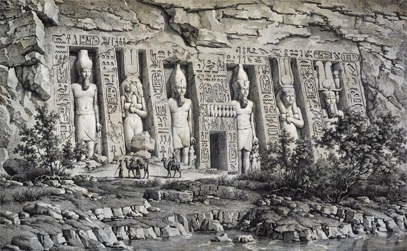 In 1816 Belzoni journeyed to Abu Simbel, the site of a temple fronted by colossal statues of Ramses II. Finding the entry blocked by deep sand, he used his engineering skills to devise a way to clear it. This 19th-century engraving is based on Belzoni&rsquo;s original drawing of the temple.