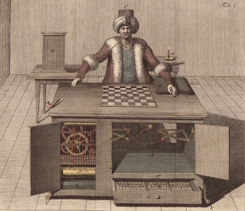 Constructed in the late 18th century by inventor Baron Wolfgang von Kempelen and known simply as The Turk, this life-size, chess-playing automaton was actually a mechanical illusion that allowed a person skilled in the game to control the motion. As a result, The Turk defeated many challengers—among them Benjamin Franklin and Napoleon Bonaparte. 