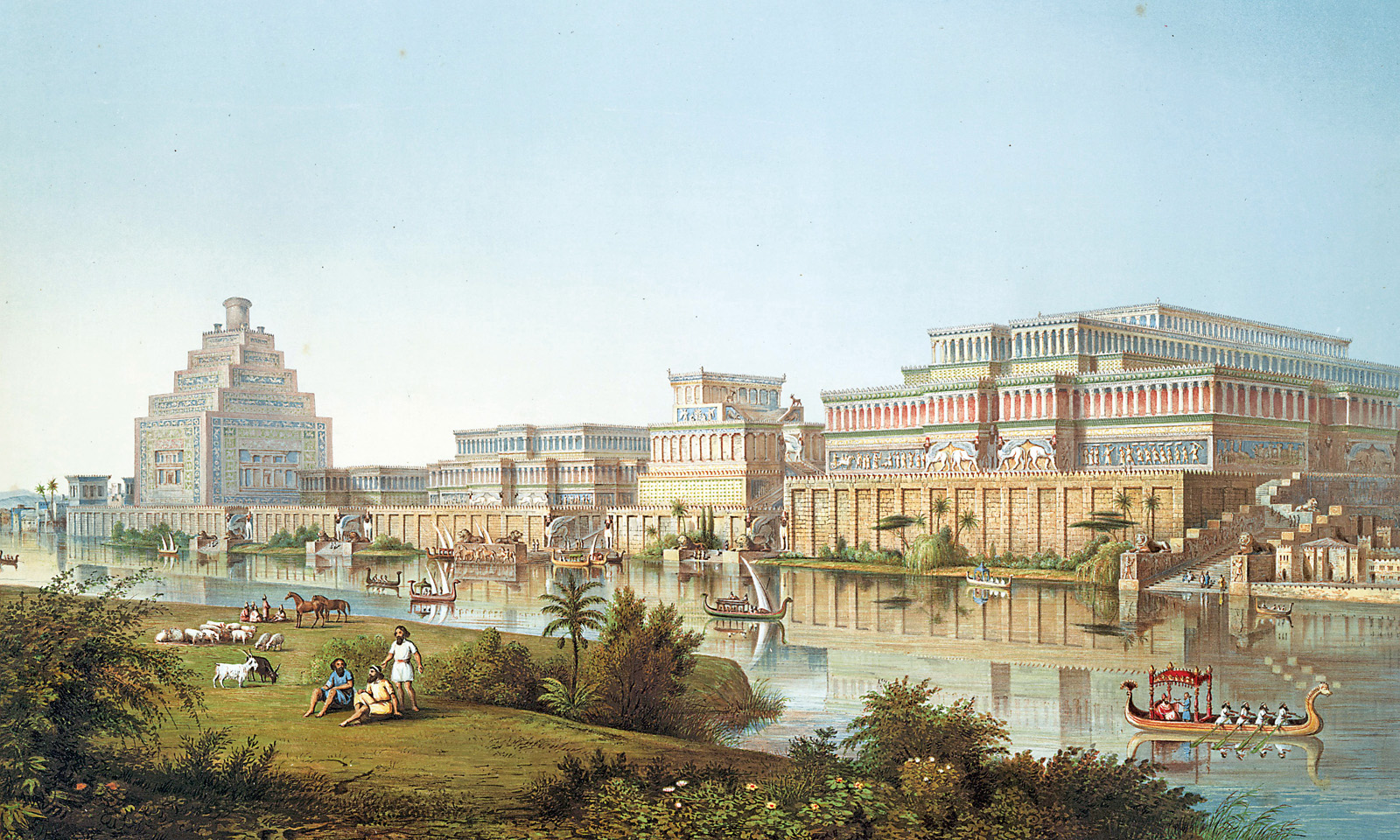 This artist&rsquo;s depiction of Nimrud shows the Assyrian capital&rsquo;s palaces on the right and ziggurat on the left. It was published in the second series of Austen Henry Layard&rsquo;s <i>The Monuments of Nineveh</i>, in 1853.