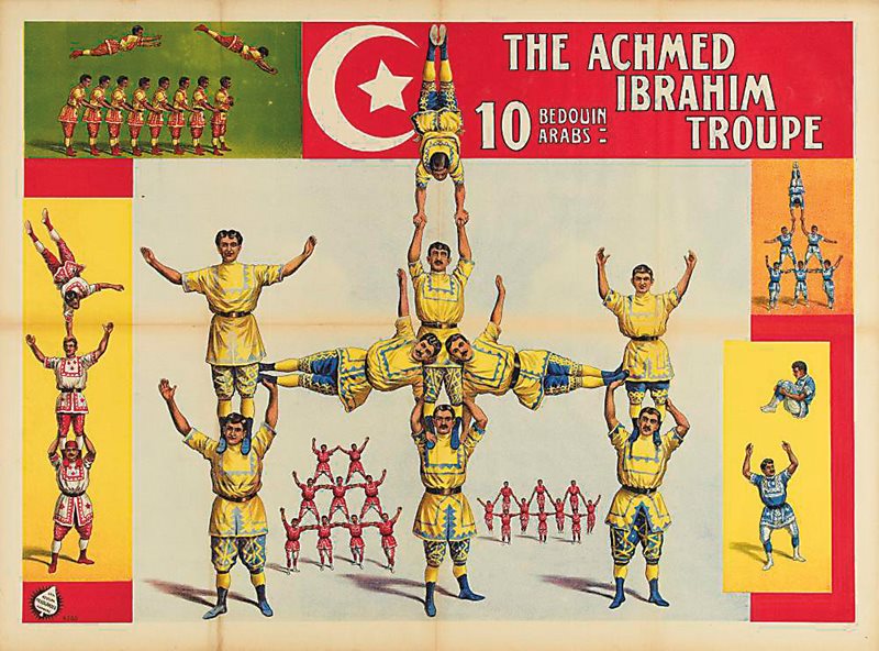 In the UK, The Achmed Ibrahim Troupe from Morocco advertised its talents in the late 19th century by depicting seven of its stunts under the Moroccan national crescent and star, and it added to its appeal to exoticism by describing the acrobats as “10 Bedouin Arabs.”