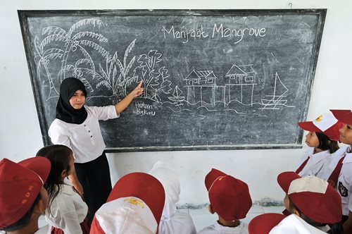 In efforts to educate the next generation, children are taught the benefits of mangrove forests in an environmental class in Dudepo, Bolmaang Selatan, Sulawesi, Indonesia.